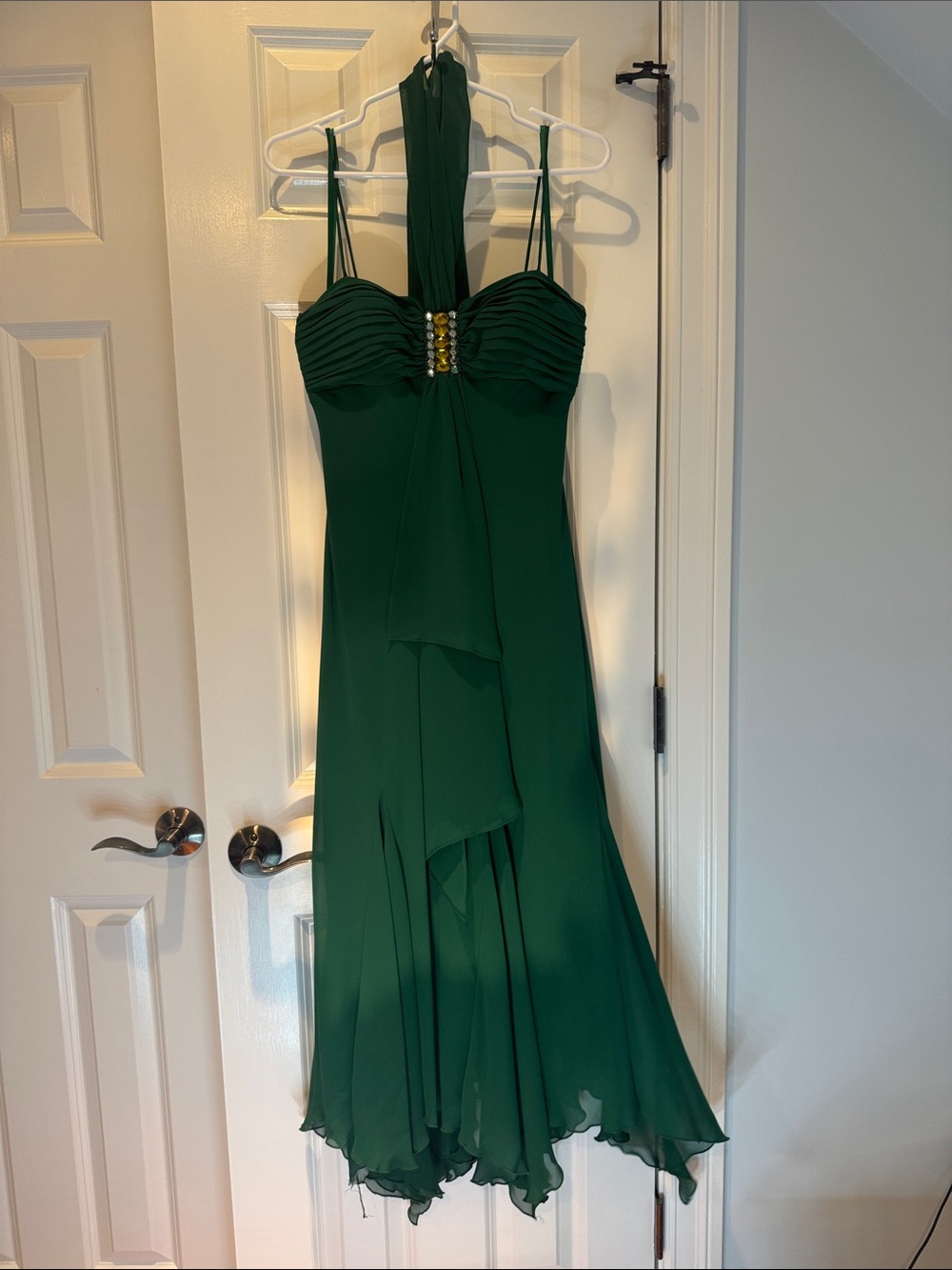 S.L. Fashions Emerald Green Halter High-Low Chiffon Dress